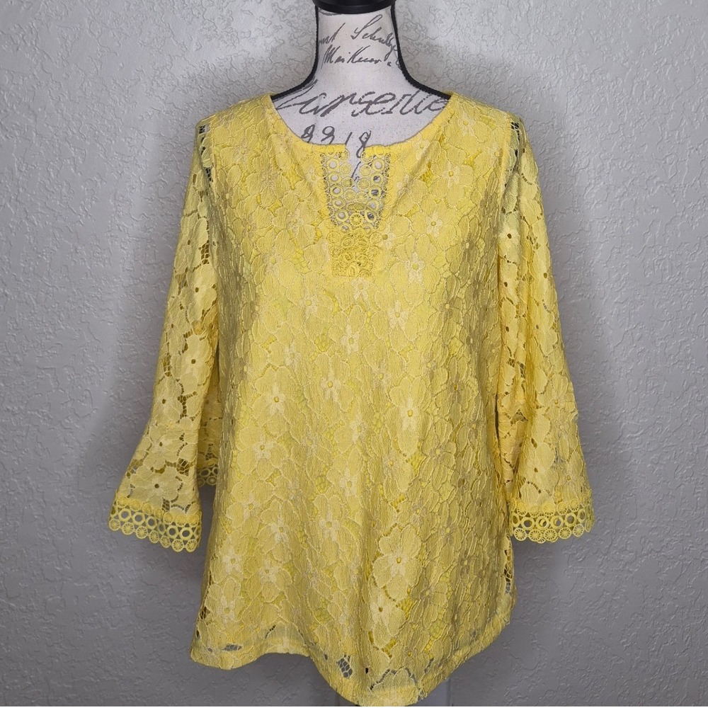 Rafaella Yellow Floral Lace Bell Sleeve Blouse Top Size SP